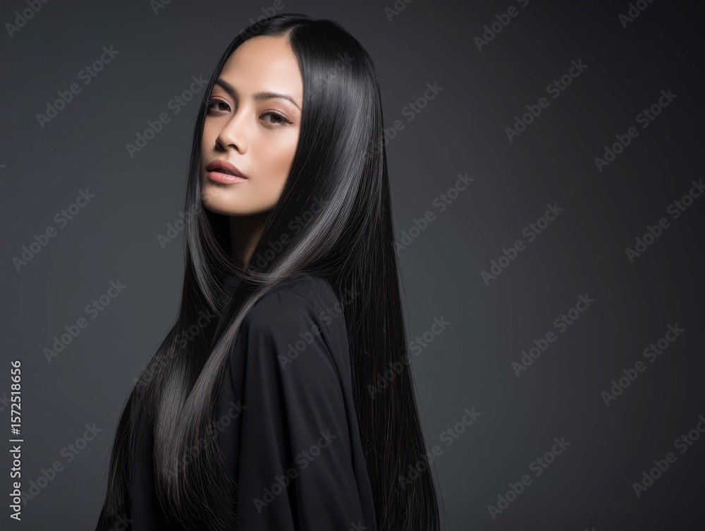 Asian model with long black showcasing the sleek lines and shine design elements Asian model with long black showcasing the sleek lines and shine design elements