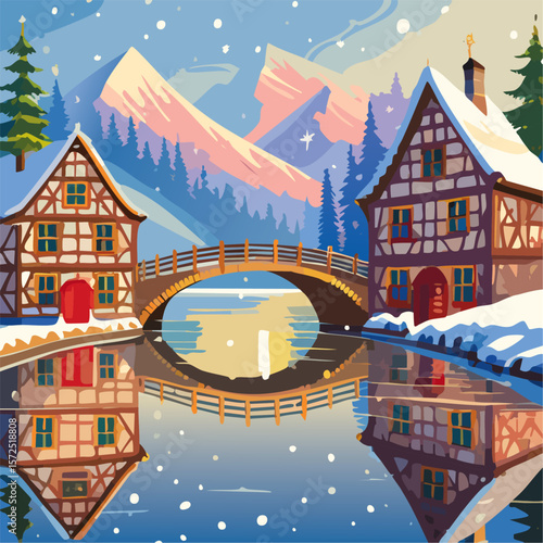 Half-timbered houses and bridge with river winter landscape vector illustration. Christmas European street background for postcard and invitation backdrop.