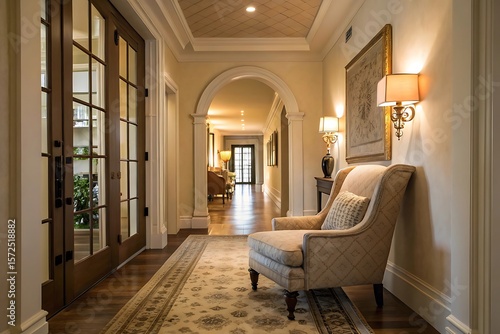 Elegant Hallway Interior Design with Beige Armchair, Hardwood Floors, and French Doors
