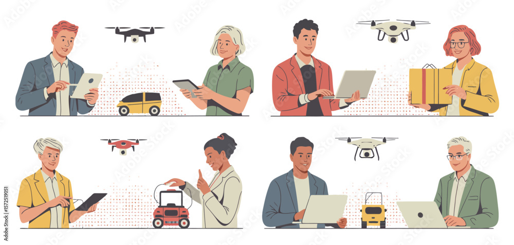 Diverse People Using Technology with Drones and Delivery Diverse People Using Technology with Drones and Delivery