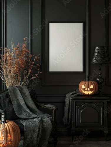 Halloween-themed poster mockup with candlelight, dark rustic wall, and moody autumn decor setting.