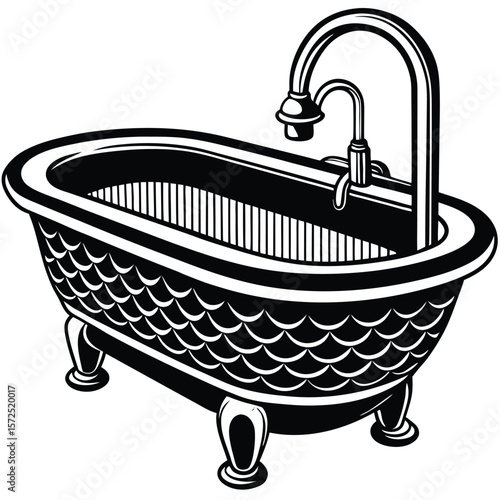 Vintage clawfoot bathtub with ornate faucet plumbing
