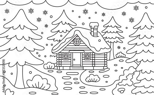 Winter Cabin in Snowy Forest Hand Drawn Coloring Page Vector, Winter Cabin, Snowy House, Cozy Cottage, Snow Forest, Cabin Scene, Winter Coloring