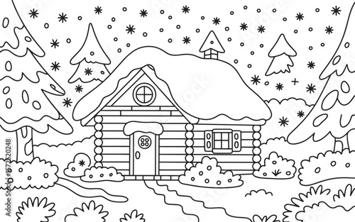Winter Cabin in Snowy Forest Hand Drawn Coloring Page Vector, Winter Cabin, Snowy House, Cozy Cottage, Snow Forest, Cabin Scene, Winter Coloring