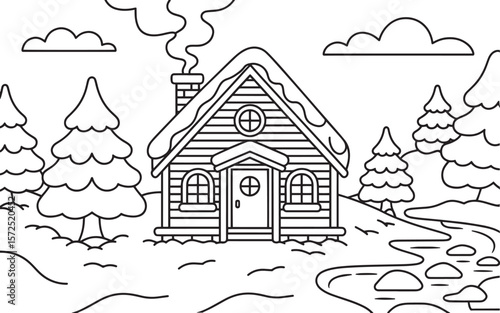 Winter Cabin in Snowy Forest Hand Drawn Coloring Page Vector, Winter Cabin, Snowy House, Cozy Cottage, Snow Forest, Cabin Scene, Winter Coloring
