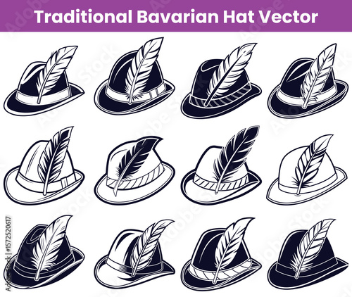 Seamless Pattern of Twelve Bavarian Hats with Feathers on White Background