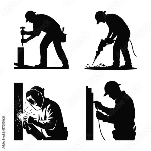 Four construction workers performing different tasks silhouette vector.