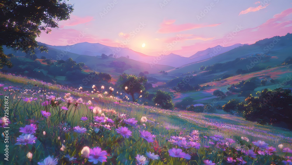 Obraz premium Serene Morning Light over Blooming Valley Scenery