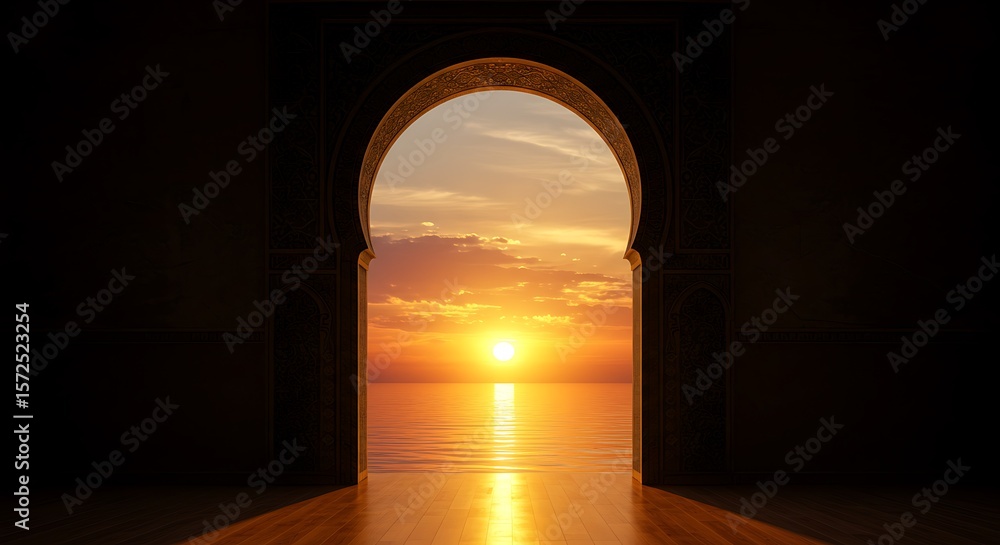 Fototapeta premium Ornate archway framing a vibrant sunset over a calm ocean reflecting golden light doorway