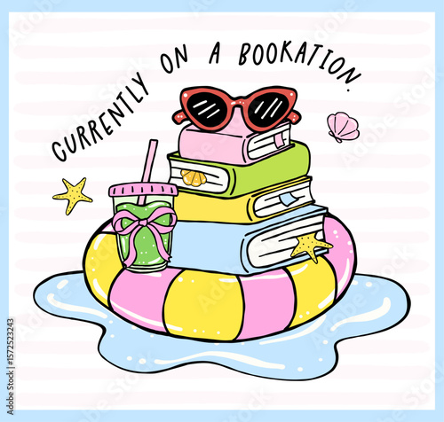 Pastel Coquette Girly Summer beach Book, stacked book on beach ring with matchamand sunglasses, Hand Drawn Doodle with Bold Lines.