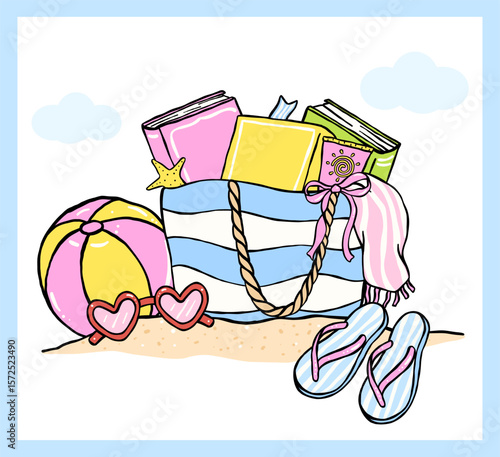 Pastel Coquette Girly Summer Beach Bookish, books in tote bag with sandal and ball on beach, Hand Drawn Doodle with Bold Lines in Vibrant Pastel Fisherman Aesthetic