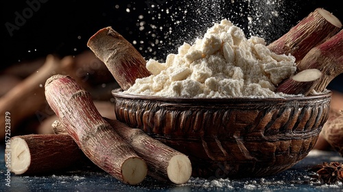 Rustic bowl filled with raw cassava flour and fresh cassava root stalks