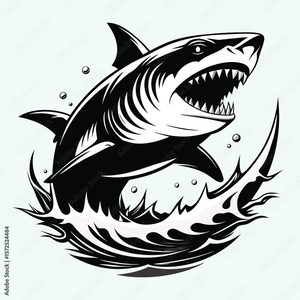 Fototapeta premium Fierce great white shark breaching the ocean surface with powerful jaws open displaying sharp teeth in a dynamic splash