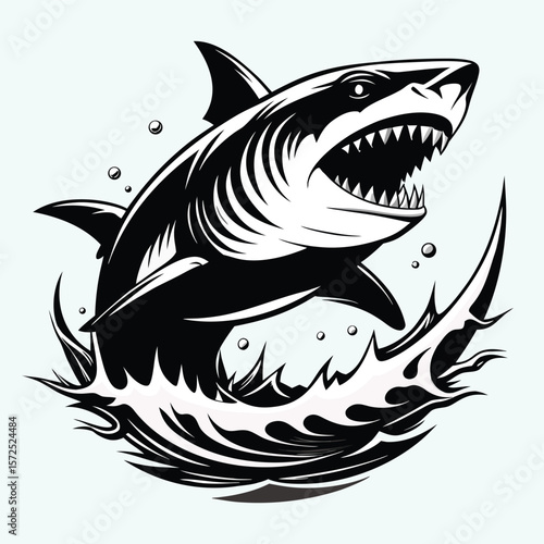 Fierce great white shark breaching the ocean surface with powerful jaws open displaying sharp teeth in a dynamic splash