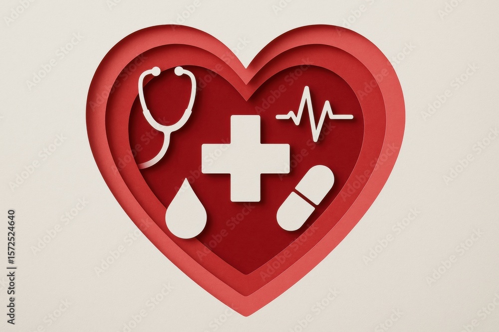 Obraz premium Health and Wellness Symbols United in a Heart-Shaped Design Representing Medical Care and Compassion in a Creative Layout
