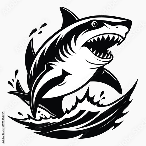 Fierce black and white shark illustration emerging from stylized waves with open jaws and sharp teeth