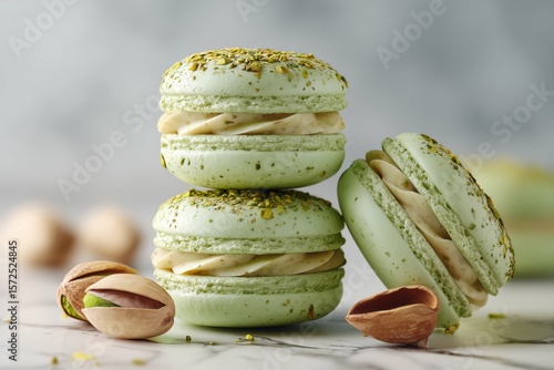 Stack of pistachio macarons with nuts and filling on a marble surface with a light background