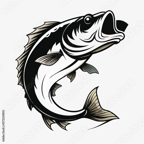 Dynamic illustration of a largemouth bass leaping out of water with its mouth wide open capturing the thrill of the catch