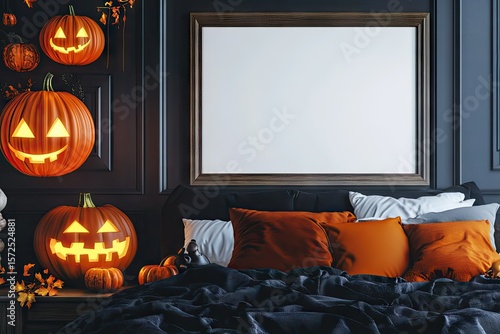 Halloween-themed poster mockup with candlelight, dark rustic wall, and moody autumn decor setting.