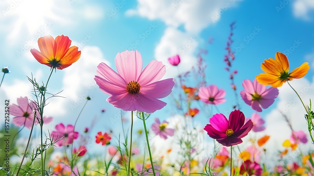 A vibrant cosmos flower field under a bright blue sky with fluffy clouds A vibrant cosmos flower field under a bright blue sky with fluffy clouds