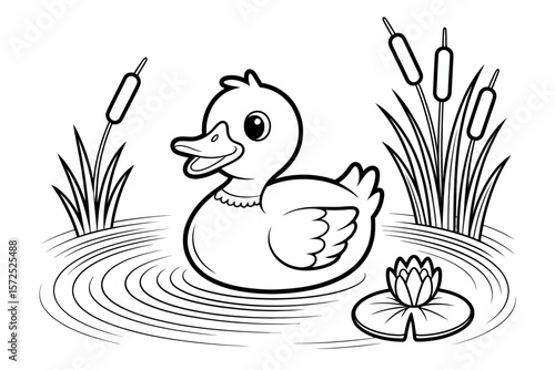 Joyful Duckling on Water: A delightful illustration of a cheerful duckling floating in a pond, surrounded by reeds and lily pads, exuding innocence and the serenity of a summer day.