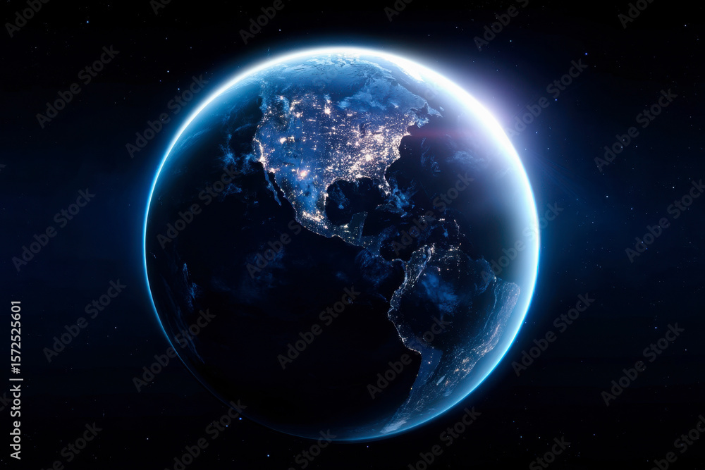 Obraz premium Stunning 3D render of planet Earth from space highlighting city lights across continents