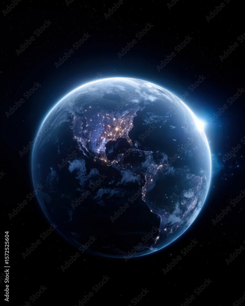 Obraz premium Planet Earth rendered from space showcasing glowing city lights over America and Scandinavia