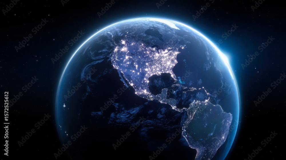 Fototapeta premium 3D render of Earth from space showcasing city lights over America and Scandinavia at night