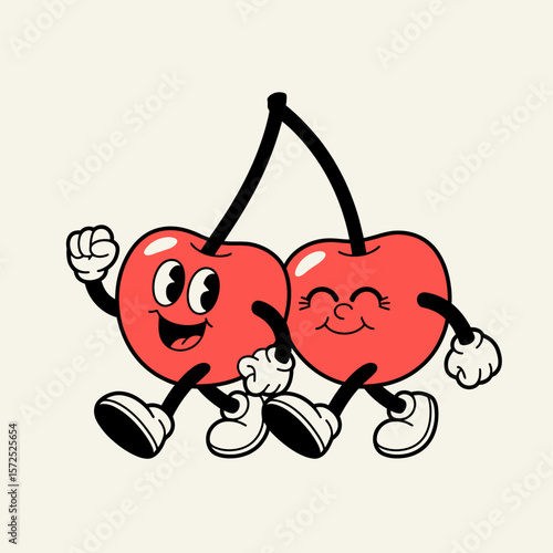 Cherry Characters: Two delightful anthropomorphic cherries, exuding joy and friendship as they playfully strut side-by-side with contagious happiness.