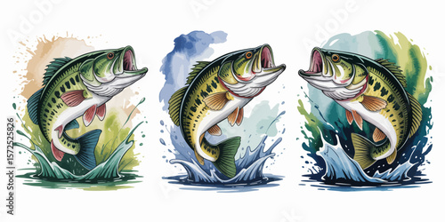 Aquatic Grace: An artistic illustration of a bass, exuding power and vitality as it leaps from the water, a perfect blend of vibrant aquatic life and artistic flair.