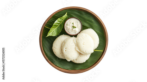 Idli with coconut chutney on banana leaf isolated on transparent background