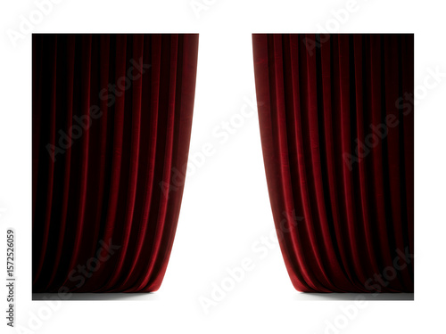 Elegant red theater curtain with rich folds and soft velvet texture, drawn open to reveal a scene — perfect for stage, cinema, or event themes. Isolated on transparent background.