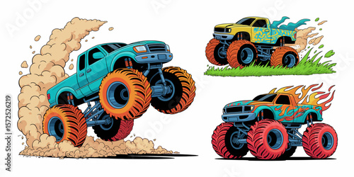 Monster Truck Mania: Dynamic illustration showcasing monster trucks in action, each uniquely designed and demonstrating raw power, from kicking up dust to traversing terrain.