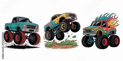 Monster Truck's Art: A trio of dynamic monster trucks in vibrant colors. showcasing thrilling action and power of these formidable vehicles. 