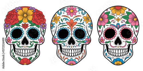 Vibrant Calaveras: A trio of intricately adorned sugar skulls, exuding the festive spirit of Dia de Muertos, each bearing a unique floral and colorful design in a graphic illustration.