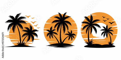 Tropical Sunset Silhouette: An eye-level view of palm trees set against a warm sunset, a tranquil scene that brings forth thoughts of beach and vacation.