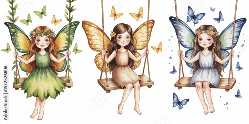 Whimsical Fairy Trio: A collection of three enchanting fairies, each with unique butterfly wings and attire, gracefully swings on a wooden swing, surrounded by fluttering butterflies.