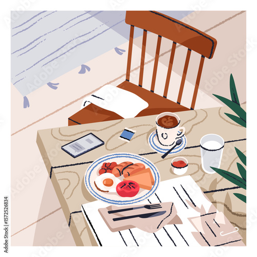Breakfast, morning meal with coffee mug and dish. Dining table with cappuccino cup, milk, fried egg, food on plate, phone, chair. Modern serving, cozy brunch setting. Flat vector illustration
