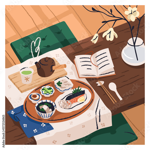 Japanese food, breakfast meal. Traditional Asian Japan style serving with ric...