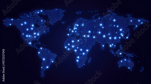 Fototapeta Naklejka Na Ścianę i Meble -  Dark blue digital world map with glowing dots creating a global network of cities