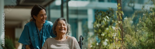 Compassionate Nurse Embracing Senior Patient in Care Facility, Copy Space.