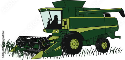 Harvesting season comes to life in a bright cartoon illustration of a green combine at work in a wheat field.
