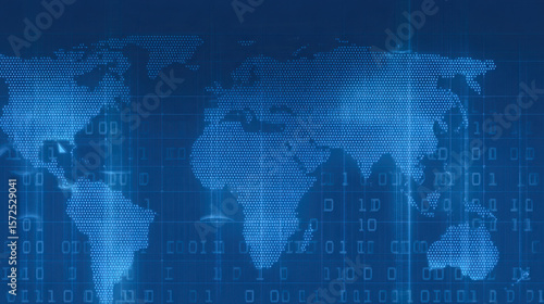 World map with binary code in glowing blue and green colors representing digital technology