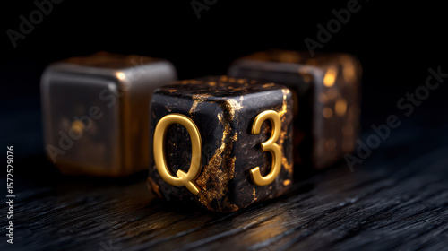 Close up image of wooden cubes with alphabet Q3 on office desk. Third quarter concept. A macro photograph showcasing wooden blocks displaying the letter q and the number three