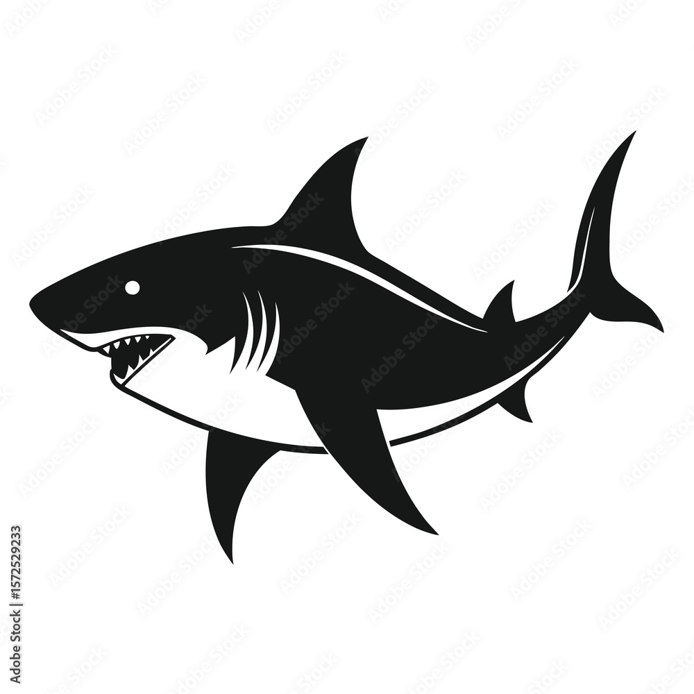 Fototapeta premium A striking black and white illustration of a powerful shark showcasing its sharp teeth and streamlined body in a dynamic pose