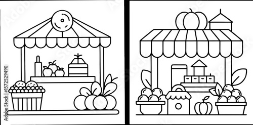 Farm Market Coloring Book Page – Outline Line Art Rustic Produce Stall for Kids and Adults