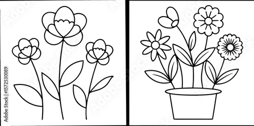 Simple Garden Flowers Coloring Book Page – Outline Line Art Floral Design for Kids and Adults