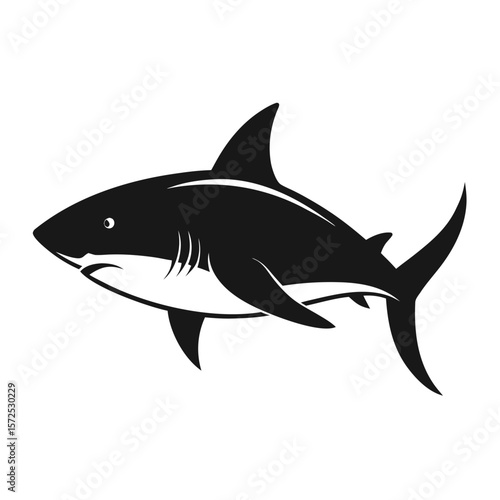 A striking black and white illustration of a powerful shark showcasing its sleek silhouette and predatory grace against a clean white background