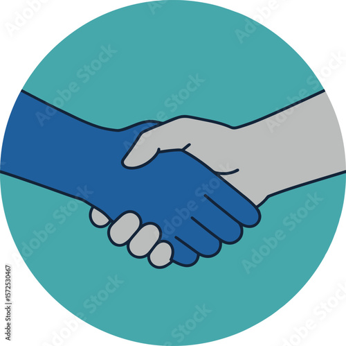Business deal handshake illustration shows cooperation and collaboration on a teal backdrop for partnership agreements.