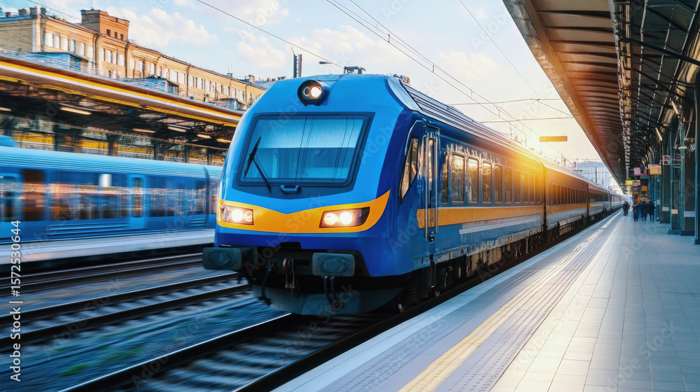 Naklejka premium Modern blue train arriving at city station platform during sunrise, with motion blur and glowing lights, symbolizing urban travel and transportation infrastructure.